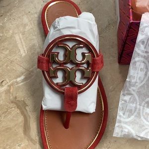 TORY BURCH METAL MILLER RED APPLE GOLD SUEDE NEW